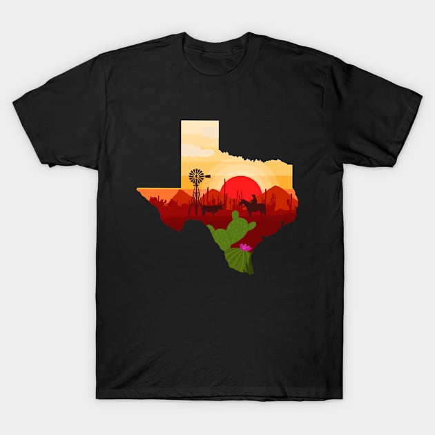 Texas USA illustration featuring a windmill, longhorn cattle, a cowboy and cacti T-Shirt by keeplooping